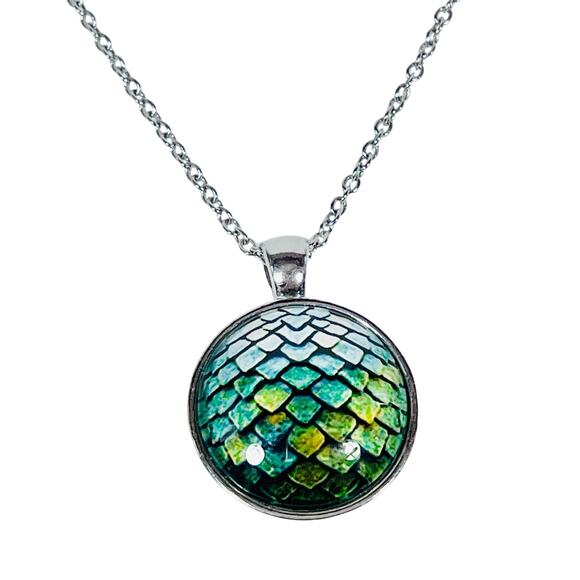 Glass Dome Necklace Dragon Egg Pendant Necklace Green Silver Tone Jewelry 11" - Picture 1 of 6